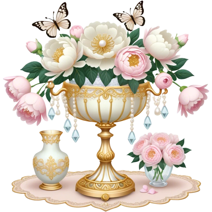 A romantic baroque-style vanity display featuring an intricate golden candelabrum, an embroidered ivory lace fan, and a crystal vase filled with white peonies and pastel pink roses, with pearl butterflies adding a whimsical touch.
 emoji