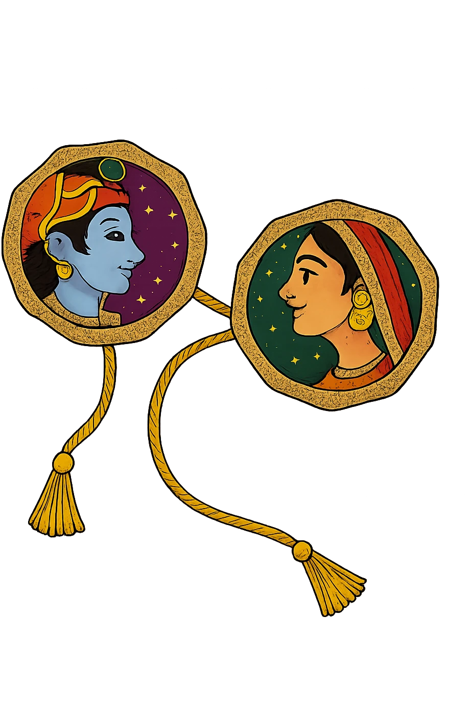 Convert the rakhi from the photo into an emoji, preserving the traditional Indian art style with vibrant colors and a gold border. Use a simple or transparent background to keep the focus on the rakhi design. The style should reflect intricate traditional Indian motifs and rich color vibrancy. emoji