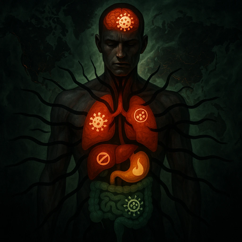 semi-realistic, high contrast style human figure, black worm-like forms radiate to organs, each organ with a colored glow and disease icon, world map, glowing fissures, green mist emoji