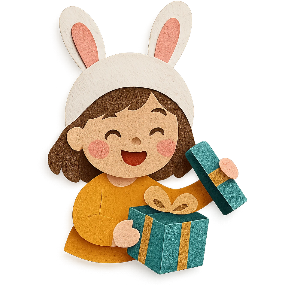 happy cutie girl in bunny hat opening a glittery gift box emoji