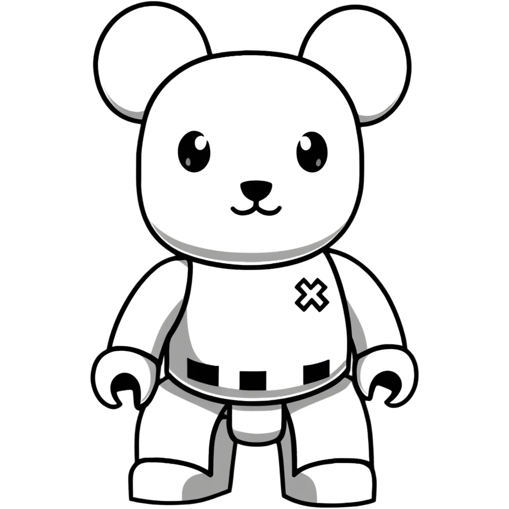 Lego style bearbrick with X crosses as eyes, enlarged ears, oversized boots, long thin limbs, exaggerated comic proportions, blocky Lego joints emoji