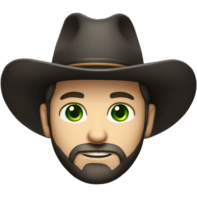 Caucasian male with green eyes, a dark beard dressed as a cowboy with short hair wearing a western hat black emoji