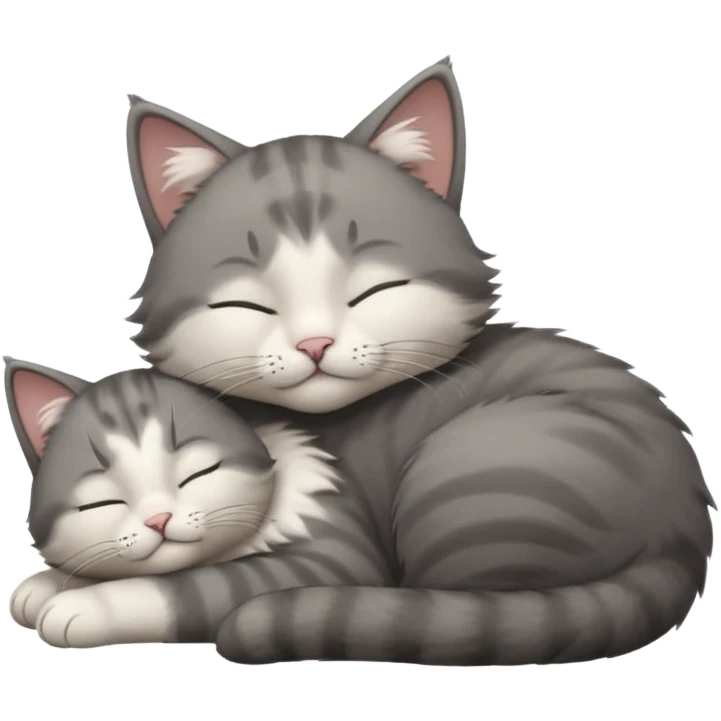 dark grey and white small cat with closed eyes, leaning his head on his paw while leaning on his elbow lying down emoji