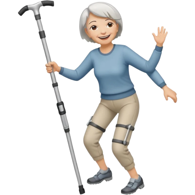 senior woman with pants, short grey hair, laughing and dancing th crutches emoji