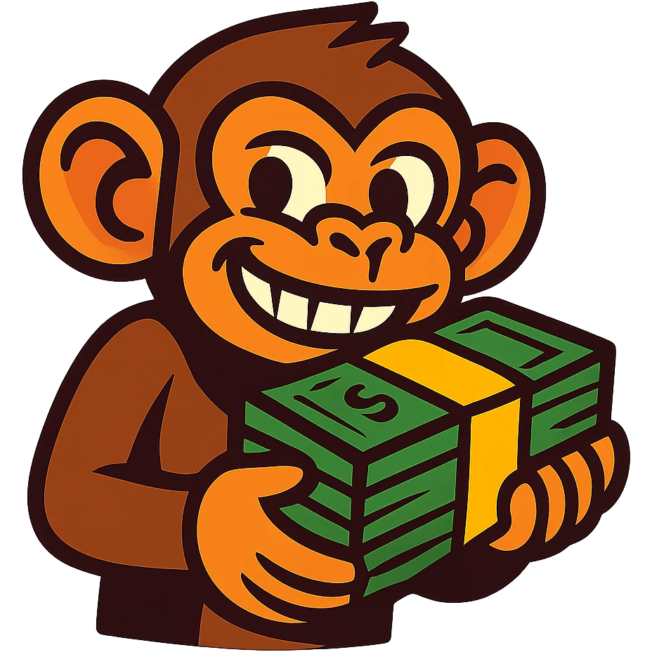 cartoon monkey with a stack of cash, smiling mischievously emoji