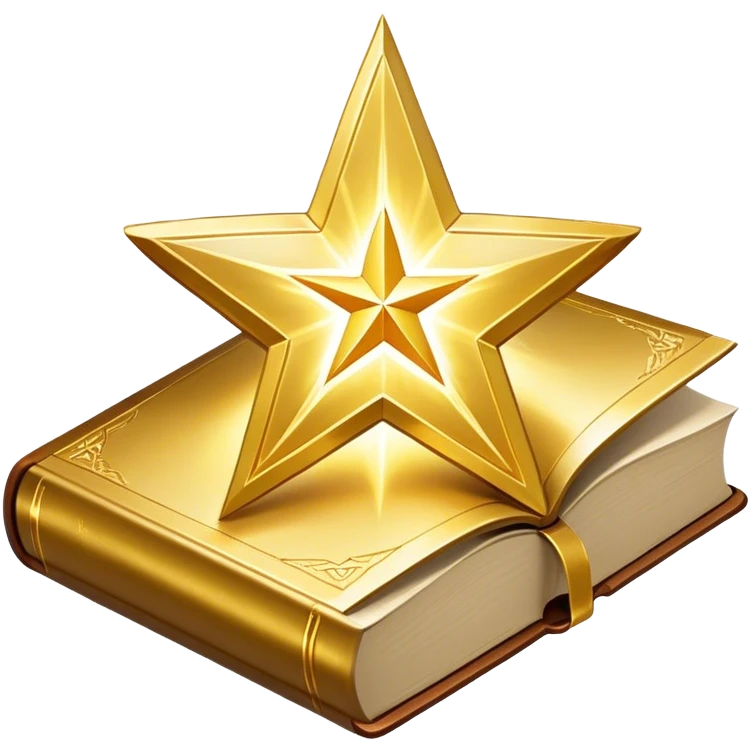 A shimmering gold book with a radiant glow, floating slightly as if under a spotlight. Its cover features a bold, star-like sigil ✨, symbolizing influence and magnetism. Light halo effects or sparkles surround it, giving off an aura of effortless charm and star power. emoji