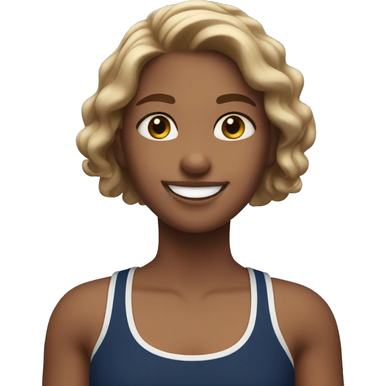 A brown light haired girl with hazel eyes smiling in a navy blue surf tank top.  emoji
