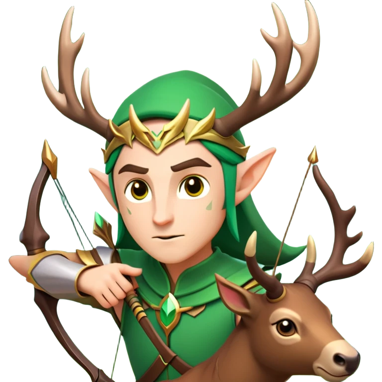 clash-of-clans-aesthetic-focused-elf-archer-portrait-emoji, rendered in a flat, vector-style with minimal shading and bold, simplified shapes, head tilted slightly forward with a determined, focused expression, riding a majestic stag whose luminous antlers glow with mystical energy, set against an ancient, enchanted forest backdrop. emoji