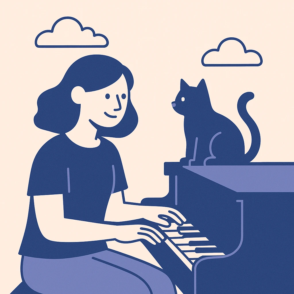 woman playing piano while her cat sits on top of the piano emoji