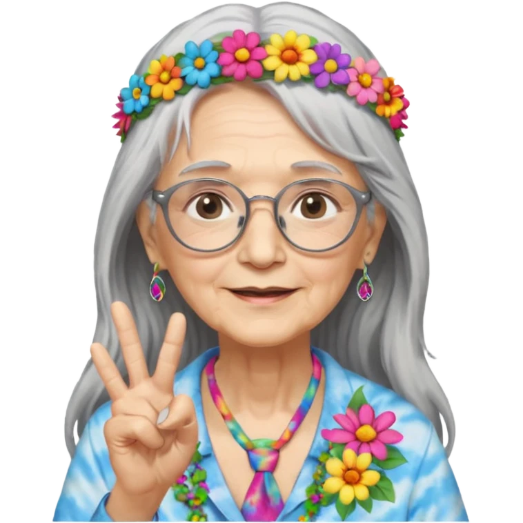 elderly woman with long grey hair, glasses, peace sign necklace, tie-dye clothing, flower crown emoji