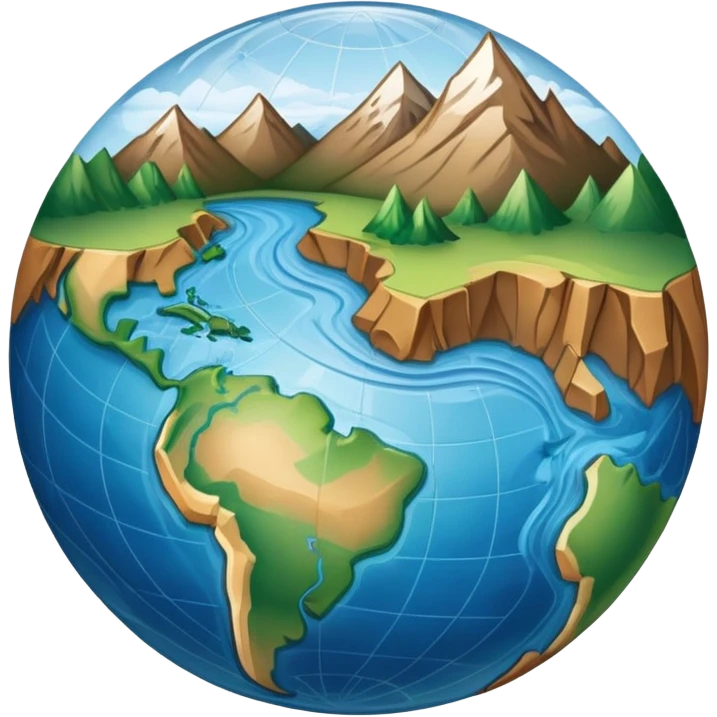 an icon featuring an earth with attitude and longitude lines, a textbook, and a topographic map, symbolizing geography as a science. The design includes a compass, mountain ranges, and rivers, representing the study of Earth's features and landscapes. Transparent background highlights geography. emoji