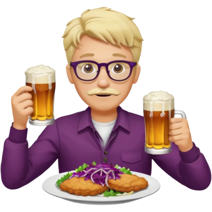 Man with wire framed glasses german eating schnitzel, red cabbage, sauerkraut, potato salad, and beer. Man is blonde and no mustache emoji