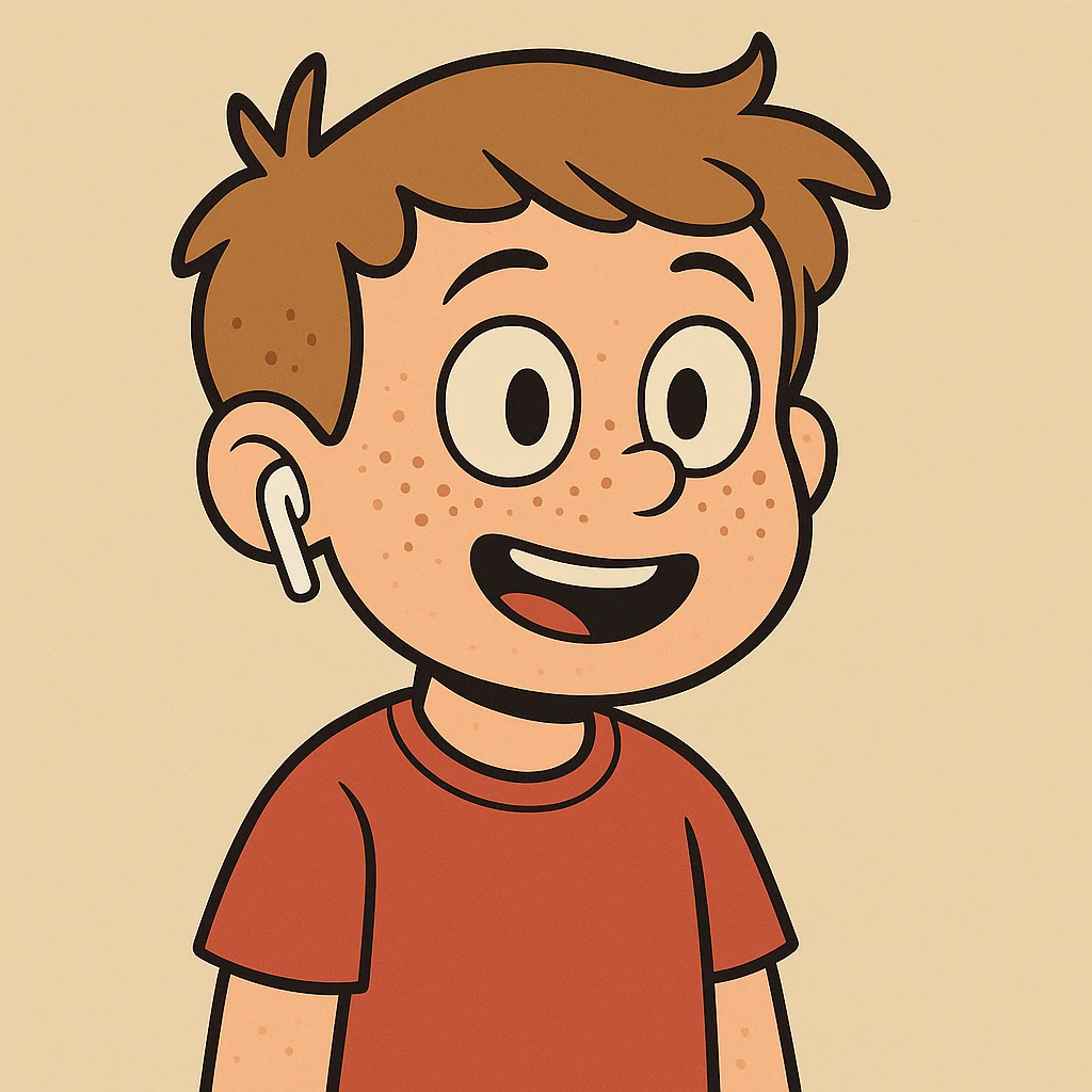 Add freckles to the boy's face and one AirPod in his right ear, keep the cartoon style consistent with flat toon style. emoji
