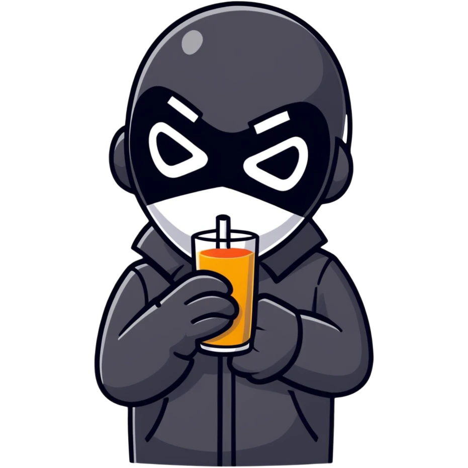 Masked man in dark clothes holding and sipping from a small juice box, comical contrast between serious appearance and childish action emoji