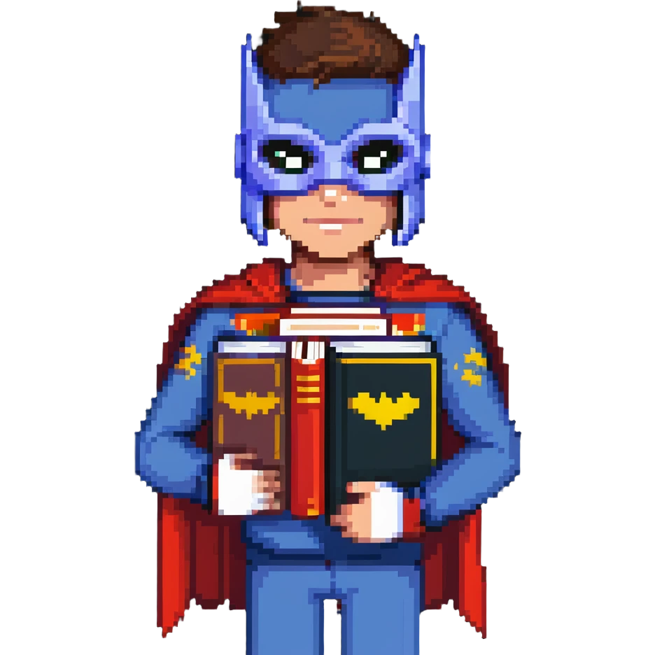 student with superhero mask and books emoji