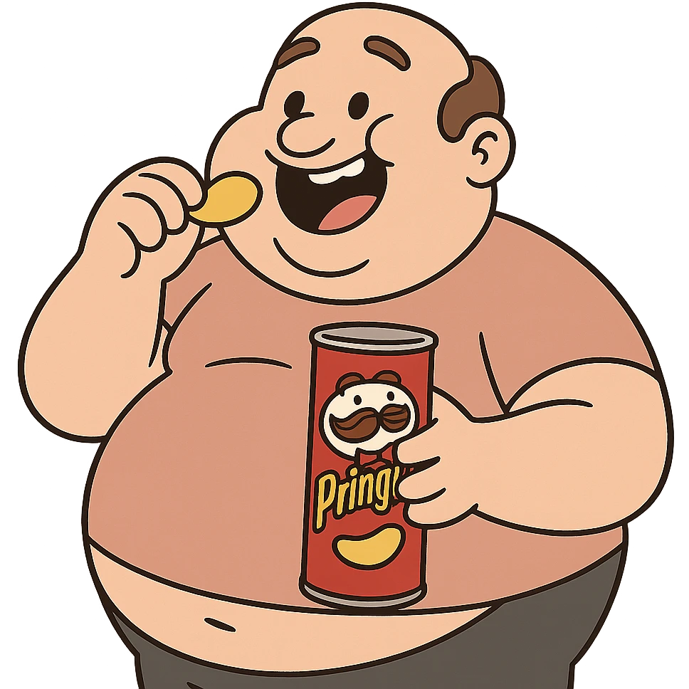 round, happy figure with a can of Pringles, mid-munch emoji