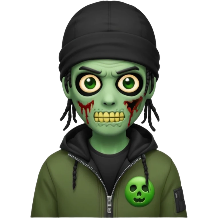 a zombie emoji with black dreads and a black carheartt jacket and black nike ski mask on his head emoji