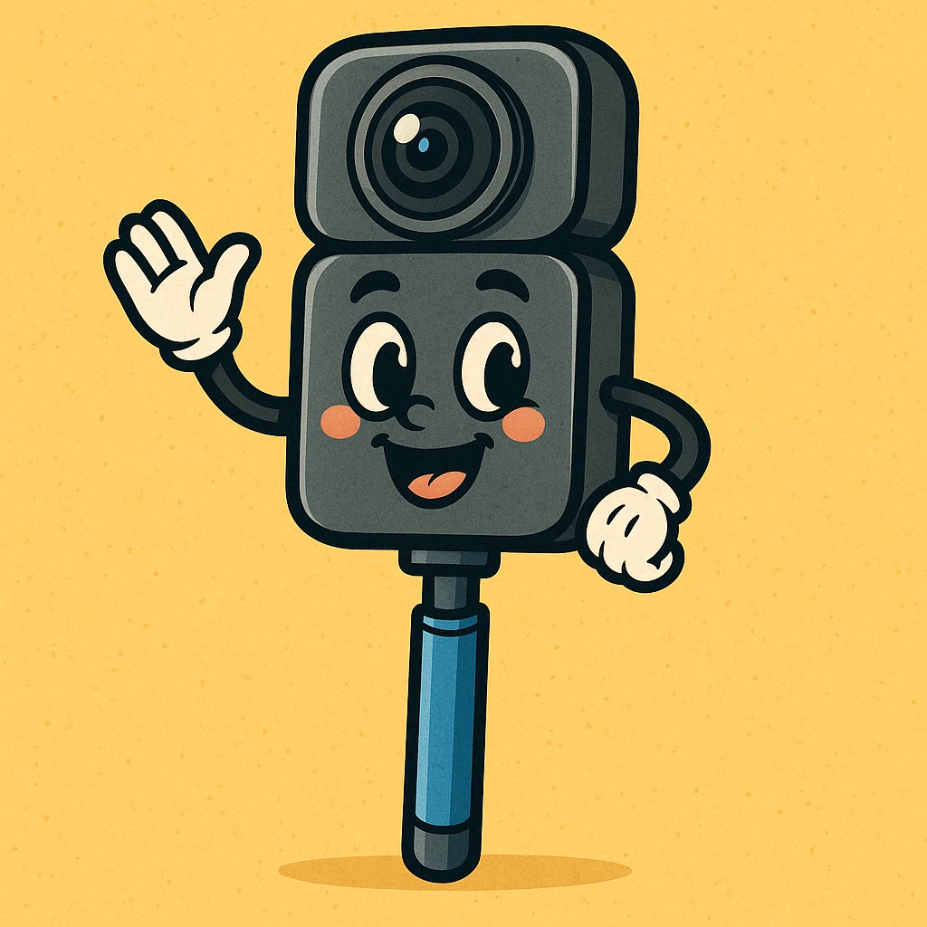 Remove any text or name from the design, keep the friendly face cartoon Insta360 camera on a stick character as the main subject, preserving its friendly and cartoonish style. emoji