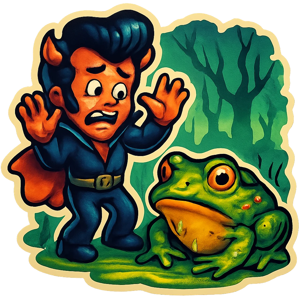 Retro sticker style with no borders on stickers. Helvis character with a short cape and very tiny horns, recoiling from a giant slimy toad on the ground, arms raised defensively, cringing expression. Swampy background with a grim vibe maintained. emoji