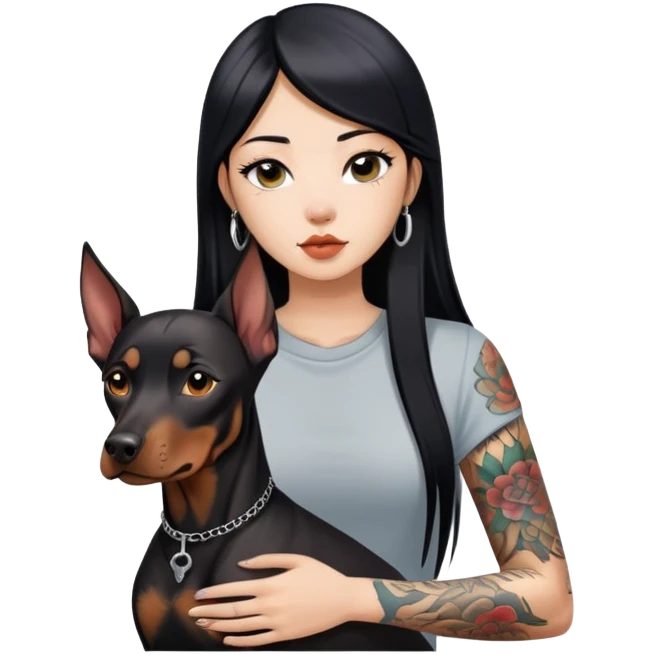 a Chinese girl with long black  straight hair and tattoos and Doberman Pinscher emoji