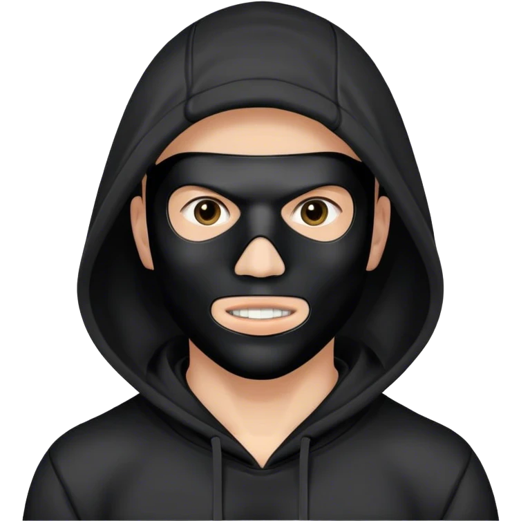 man with black full face hard plastic mask and black hoodie emoji