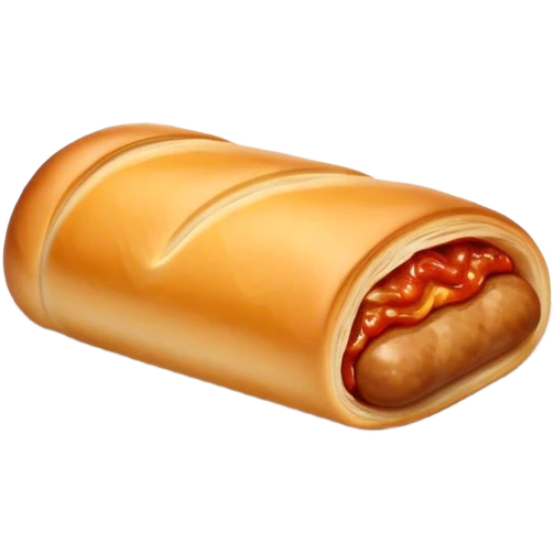 cinematic-realistic-sausage-roll-dish-emoji,-depicted-with-a-crisp,-golden-pastry-wrapped-around-flavorful-sausage,with a squeeze of tomatoe sauce on top emoji