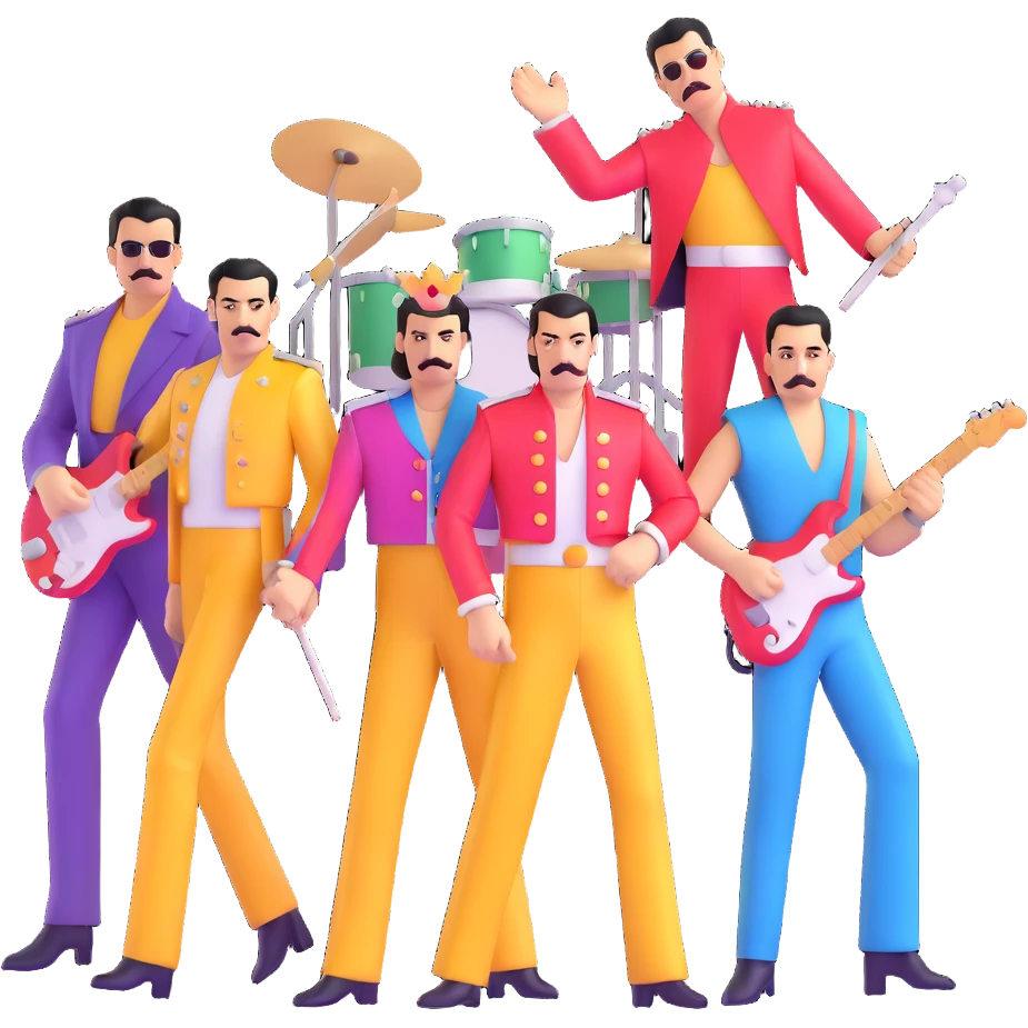 Freddie Mercury with Queen band members in colorful outfits emoji