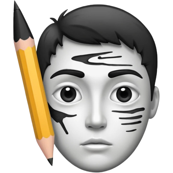 Create a black-and-white icon showing the process of cartooning: a pencil sketching an exaggerated face, with ink pen details and pencil smudges. Use clean lines and shading. Transparent background. emoji
