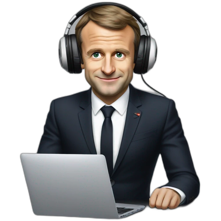 Emmanuel Macron qui joue aux jeux vidéo avec un pc et un casque emoji