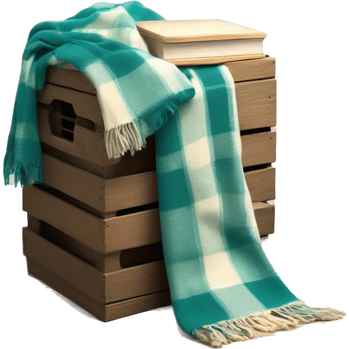 Realistic isolated teal and cream color plaid blanket draped across wooden crate box with matching book beside it emoji