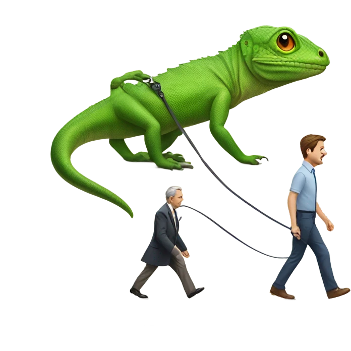 Lizard walking a man on a leash emoji