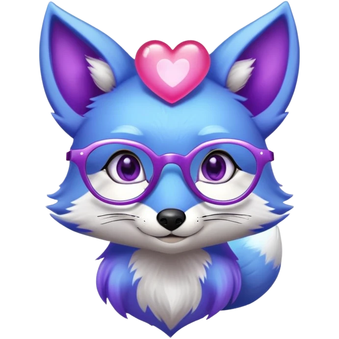A whimsical fox with sparkling purple-blue fur, a glowing tail, a silver star on its forehead, and round glasses, with heart-shaped eyes, looking in love emoji