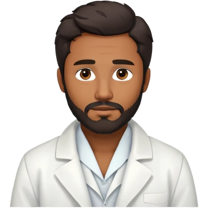 Hombre latino de piel brown, cabello negro ligeramente ondulado, scruff en la barba, con bata blanca abierta sobre camisa clara, expresión serena y mirada enfocada- medico generalista emoji