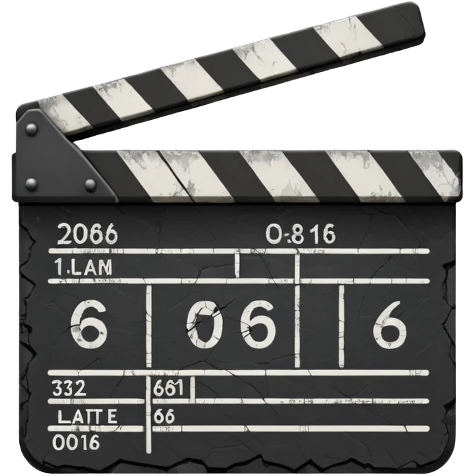 Minimalist emoji-style sticker of a cracked movie clapperboard with the date “06/06/66”, faint scorched marks, all in grayscale


 emoji