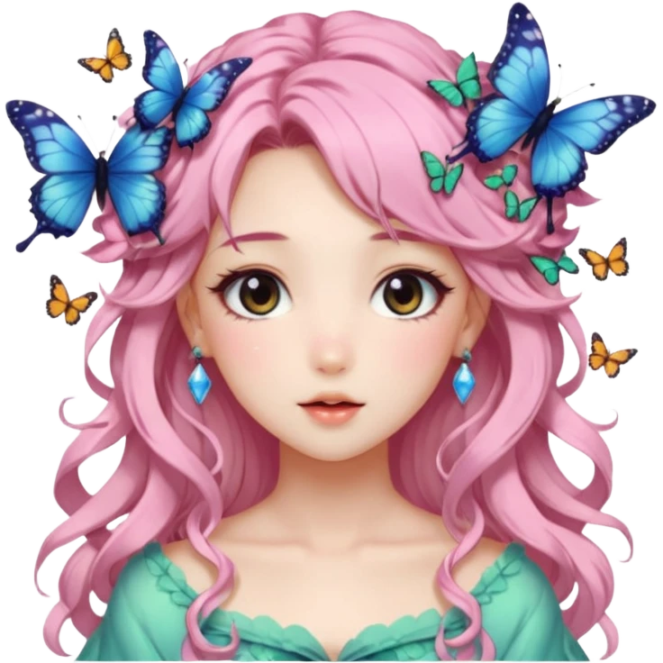 gorgeous shiny blushing anime lady with butterflies and beautiful hair fairycore high quality detailed vogue trending aesthetic emoji