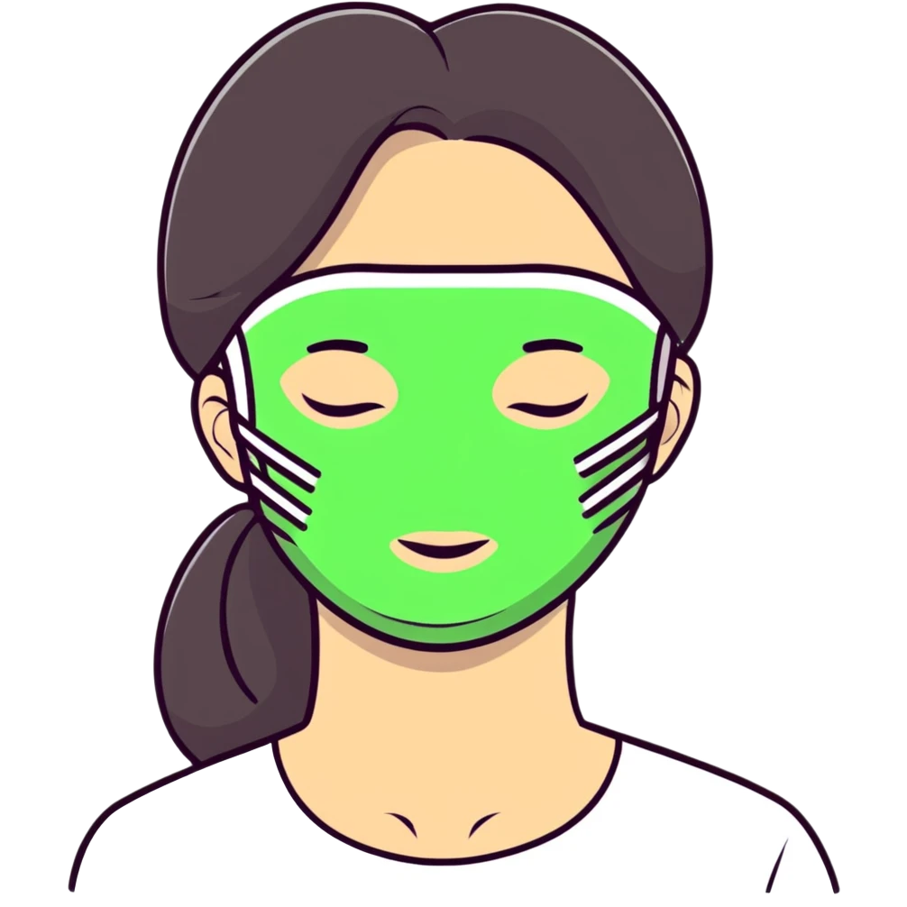 Girl with closed eyes sleeping with green beauty face mask on, relaxing self care moment emoji