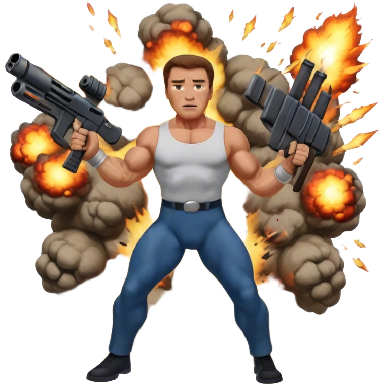 Icon for Action Movies: Arnold Schwarzenegger in the lead role, in an intense action pose with weapons, explosions, and dramatic background. The design should evoke the classic action movie feel with muscle-bound heroes and high-energy sequences. Transparent background. emoji