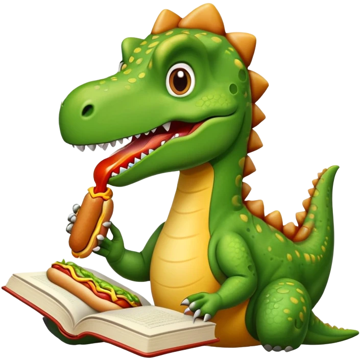 Dinosaur reading a book eating a hotdog emoji