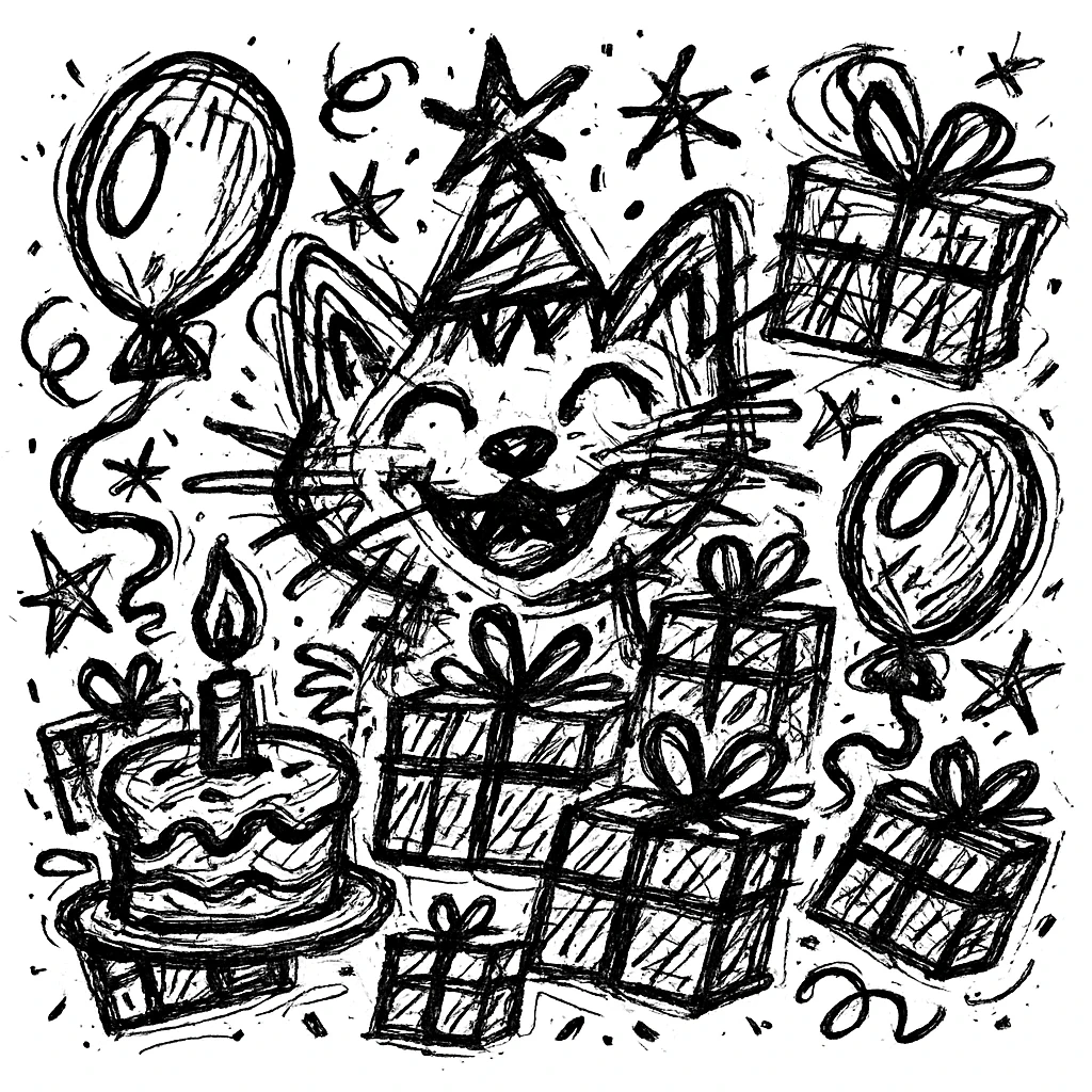 Add more gifts around the kitten, keeping the chaotic outlined style and all original elements intact emoji
