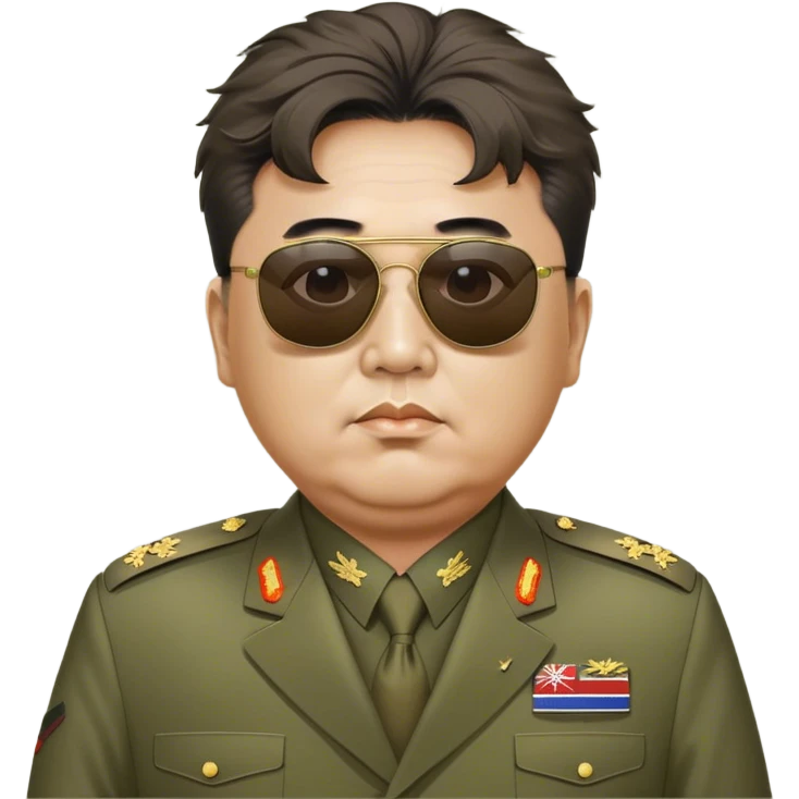 Messy haired general Kim Jung Il wearing olive mao suit and large sunglasses emoji