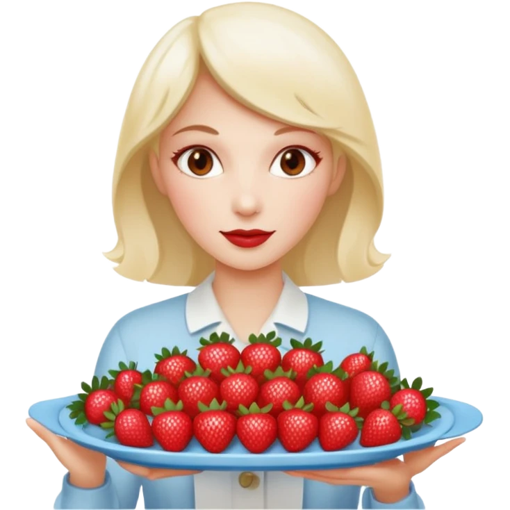 A woman is holding a tray of food containing strawberries and lychees. emoji