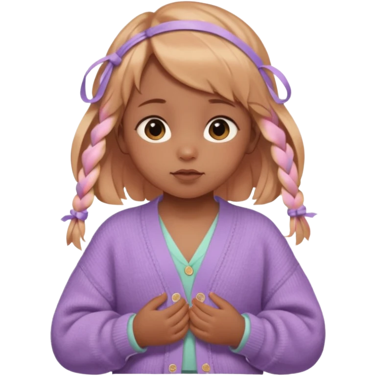 (cinematic macro portrait of baby Skye Newman:1.5), warm glowing brown baby skin with tiny twists tied in pastel ribbons, wearing a cozy oversized cardigan  emoji