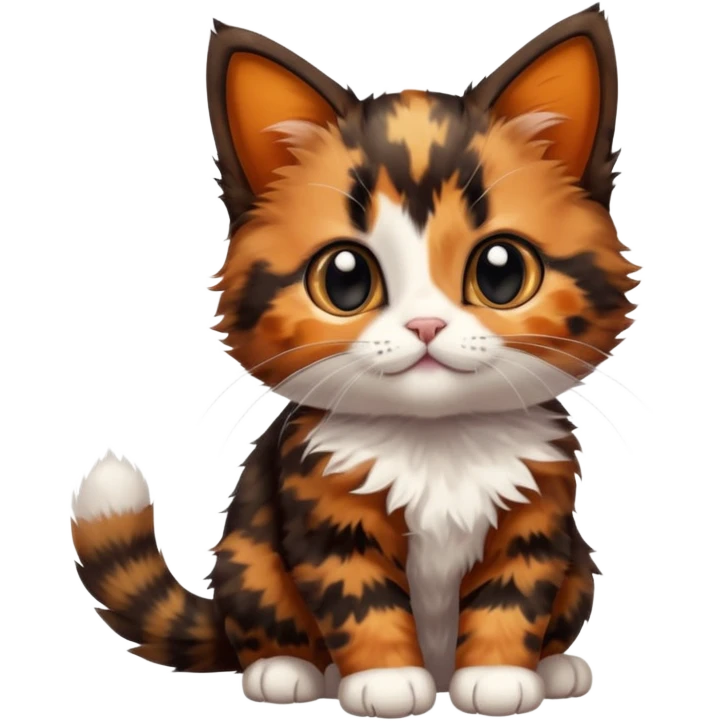 A high-resolution photo-realistic digital illustration of a brown orange black multicoloured  tortoiseshell kitten, chest upward emoji