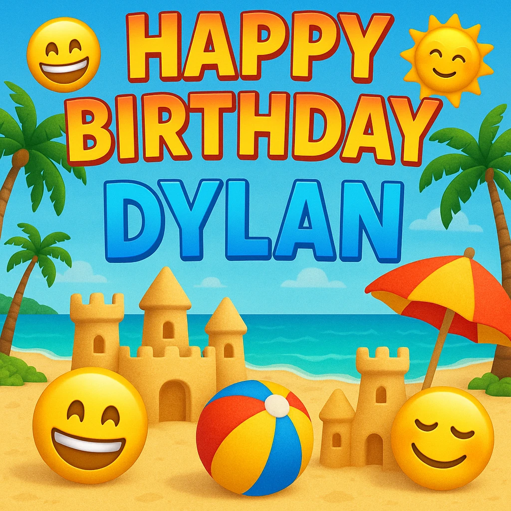 Digital beach party birthday card for Dylan with a headline including happy emojis, tropical background, 3D emoji sand castles, beach ball, umbrella, smiling sun, bold and colorful emoji