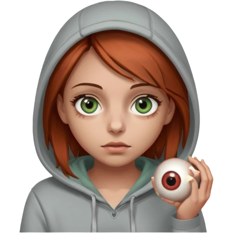 A girl with medium-length reddish-brown hair and hazel-green eyes, wearing a gray hoodie and holding an eyeball.  emoji