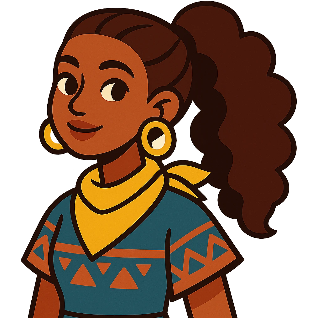 boho girl with brown skin, long curly brown hair in a high ponytail, lemon yellow scarf, round earrings emoji