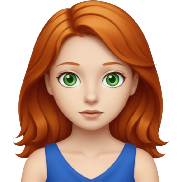A girl with green eyes and is wearing a blue dress and has ginger hair  emoji