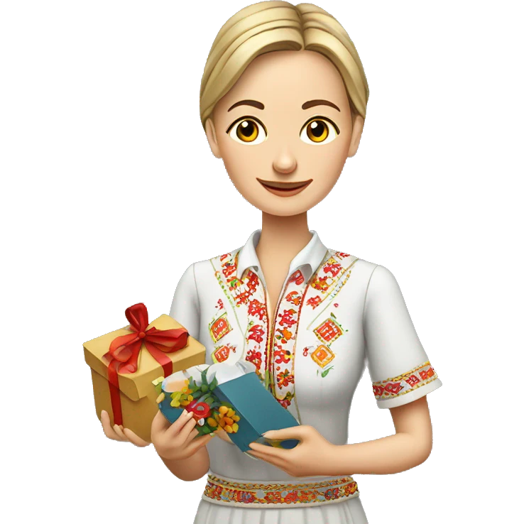 A female teacher in Ukrainian embroidery holds a gift in her hand emoji