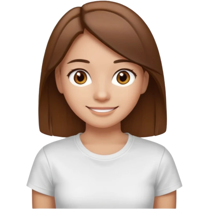 Chica de pelo liso y marrón con ojos color marrón claro y una camiseta blanca emoji
