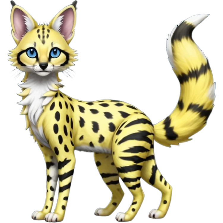 Edgy cool beautiful elegant spotted hype-realistic, black-maned, vibrant yellow Genet-Serval-Sergal-Margay-Fox-fusion-hybrid-furry-fursona, full body, with a long puffy fluffy black-and-white-striped tail, black long big ears, with natural blue eyes emoji